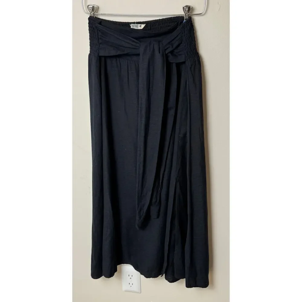 Fat face Sascha Black Midi Skirt With Linen size US 8R Fabric Tie Elastic Waist